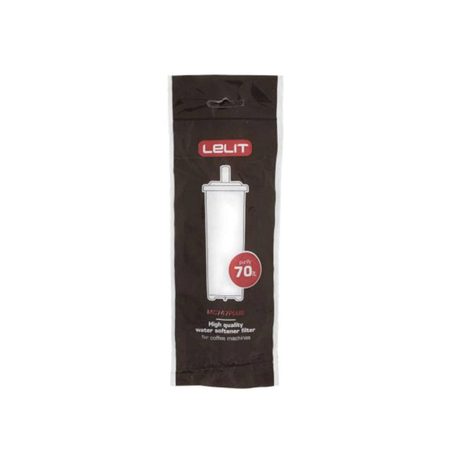 A sealed package labeled "Lelit," containing two cylindrical white water softener filters for Lelit coffee machines. The packaging features a red circle indicating "only for 70L" and text below describing it as a "high-quality water softener filter for coffee machines." The product name is "Lelit Water Softener Filter 2 Pack PLA930M (70L).