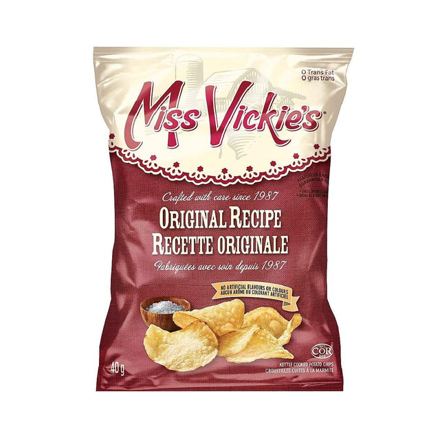 A box of 40 bags of Bulk Miss Vickie's Original Recipe kettle-cooked potato chips. The beige and brown packaging highlights "Crafted with care since 1987" and "No artificial flavours or preservatives." Enjoy 40 grams of these delicious, gluten-free snacks from Miss Vickie's.