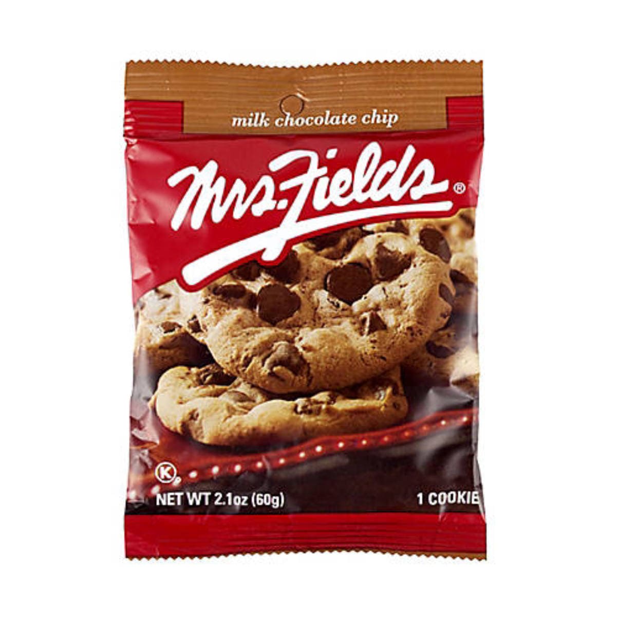 A red and brown packaging of "Mrs. Fields Milk Chocolate Chip" cookie features a mouth-watering image of the cookie with visible chocolate chips on the front, emphasizing that it's made with the finest ingredients. The net weight is 2.1 oz (60g) for this single cookie package, but it's also available in boxes containing 12 individually wrapped cookies from the brand Mrs. Fields.