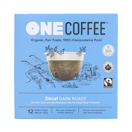 A box of OneCoffee Dark Roast Decaf Single-Serve Pods (Box of 12). It features text indicating that the product is organic, fair trade, and 100% compostable. The box includes certifications for the Swiss Water process and Fairtrade, and contains 12 decaf K-cups compatible with Keurig coffee makers.