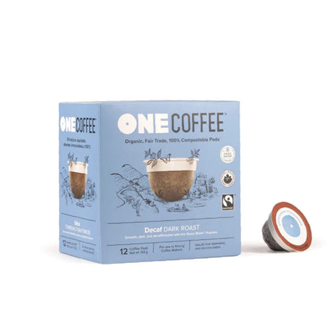 A box of OneCoffee Dark Roast Decaf Single-Serve Pods (Box of 12) is displayed against a white background. The primarily blue packaging features a coffee cup illustration, with a single pod positioned to the right. Text highlights its organic, fair-trade, and compostable qualities.