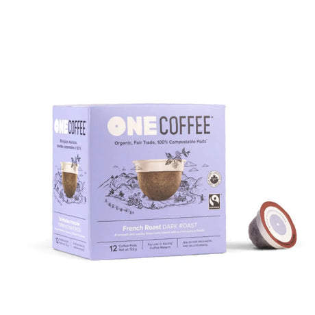 A box of OneCoffee French Roast Single-Serve Pods is shown. The packaging indicates it is organic, fair trade, and 100% compostable. The box contains 18 single-serve pods made from premium Arabica beans, and one pod is displayed next to the box. The design is primarily purple and white.