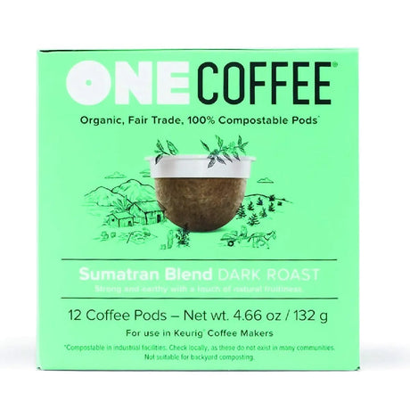 A green box of OneCoffee Sumatran Single-Serve Pods by OneCoffee, featuring organic and fair trade text, housed in 100% compostable pods. The box contains 18 dark roast coffee pods with a net weight of 4.66 oz (132 g), perfect for Keurig Brewers.