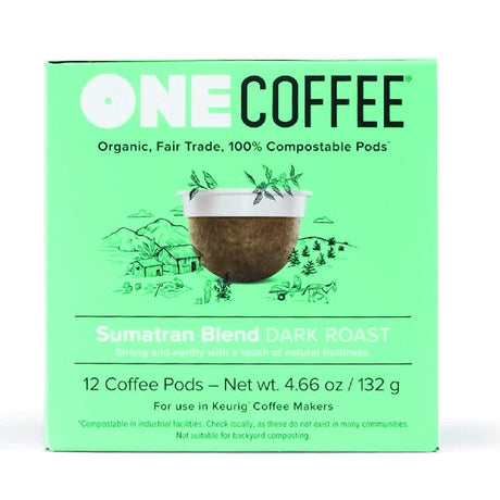Case of 72 OneCoffee Sumatran Single-Serve Pods in a green package. Slogan: "Organic, Fair Trade, 100% Compostable Pods." Each case contains 72 single-serve pods made with 100% Arabica beans, net weight totaling 27.96 oz (792g). Suitable for Keurig coffee makers, not industrial compost facilities. The box features illustrations of fields and trees.