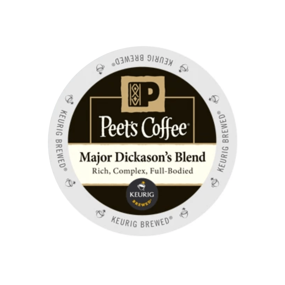 A circular K-cup pod for Keurig brewers featuring Peet's Coffee Major Dickason's Blend, the bestselling dark roast from Peet’s Coffee, comes in a case of 60. The black and white label emphasizes its rich, complex, and full-bodied flavor. The "Peet’s Coffee" logo graces the top while the Keurig logo is placed at the bottom.