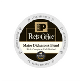 A circular K-cup pod for Keurig brewers featuring Peet's Coffee Major Dickason's Blend, the bestselling dark roast from Peet’s Coffee, comes in a case of 60. The black and white label emphasizes its rich, complex, and full-bodied flavor. The "Peet’s Coffee" logo graces the top while the Keurig logo is placed at the bottom.