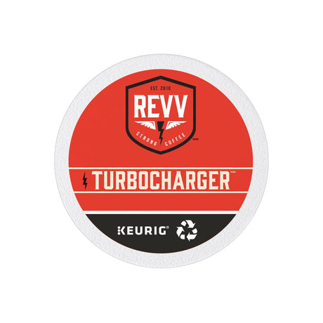 Image of a red circular coffee pod lid for Keurig Brewers. The top reads "REVV" in white letters with "Est. 2010" above it and "Strong Coffee" below. The word "Turbocharger" is printed in bold white letters in the middle, and the Keurig logo with a recycling symbol is at the bottom, perfect for REVV® TURBOCHARGER K-Cup® Pods (Box of 24).