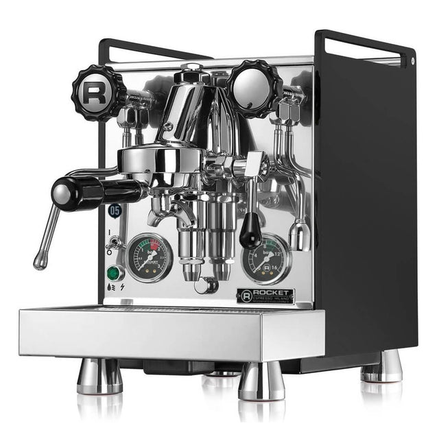 A sleek, modern black and silver espresso machine featuring various knobs, levers, and pressure gauges on the front. Branded as the Rocket Mozzafiato Cronometro Type R Espresso Machine w/ PID Temperature Control RE851E3B11 (Black), it prominently displays an "R" logo and is equipped with PID temperature control for precise brewing.