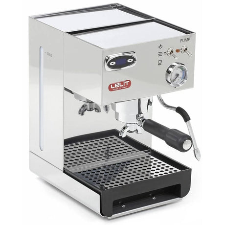 The Italian-made Lelit Anna 2 PL41TEM is a stainless steel espresso machine with a sleek black handle and drip tray, featuring a pressure gauge and various control buttons, along with the brand name "Lelit" on the front panel. It is an open box product (4293).