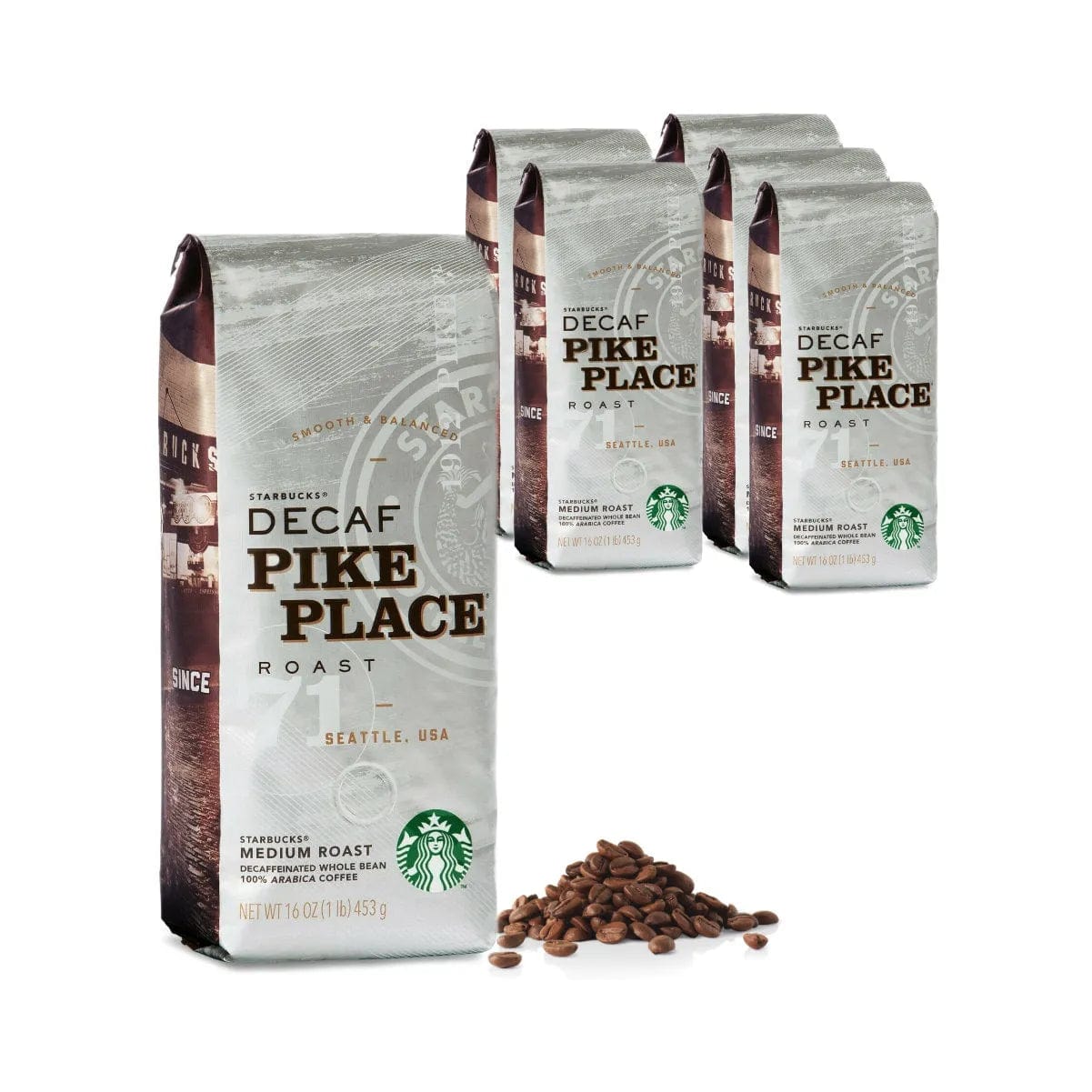 Starbucks Decaf Pike Place Coffee Beans (Case of 6x 1lb) Whole Bean Coffee Starbucks