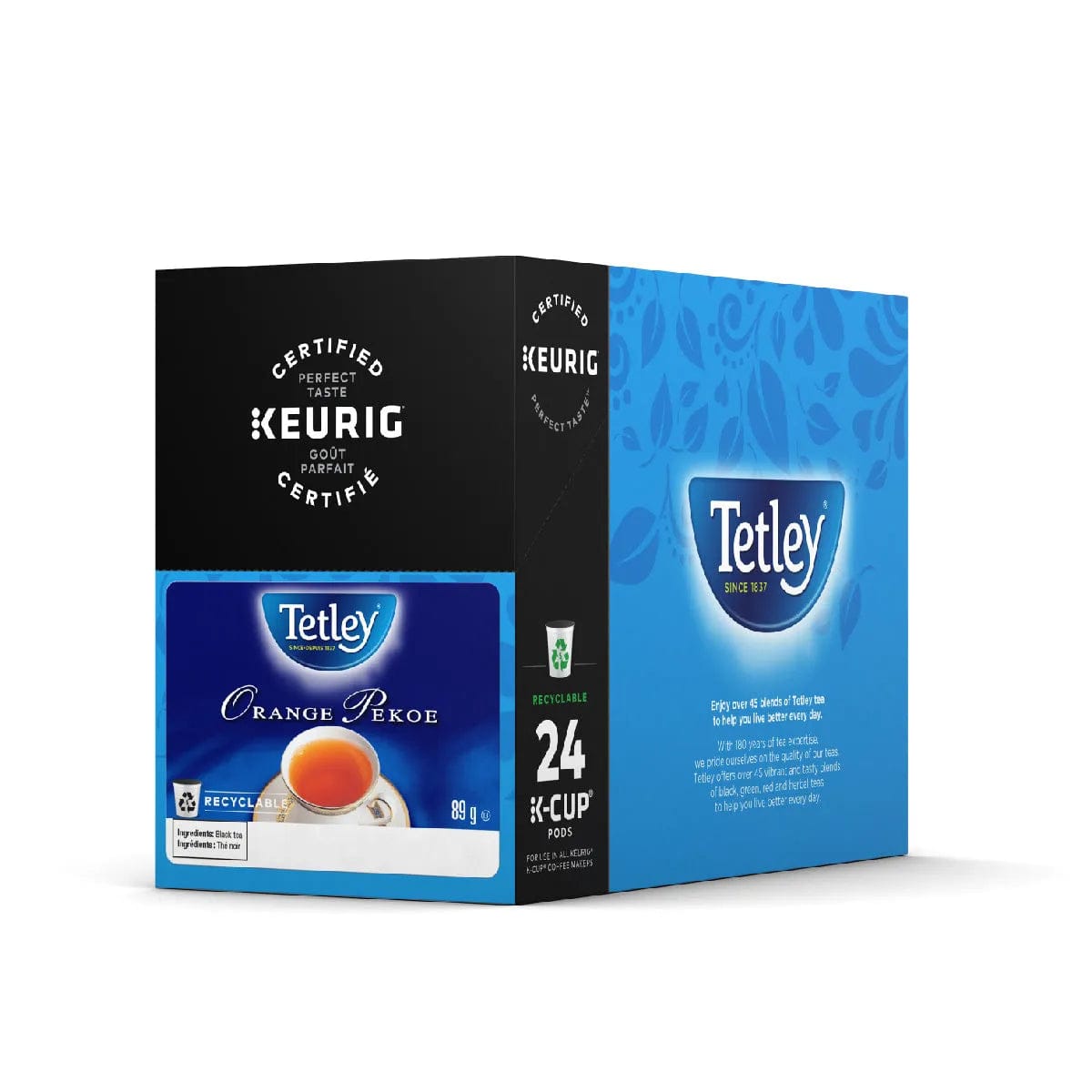 The Tetley® Orange Pekoe Tea K-Cup® Recyclable Pods (Box of 24) comes in a rectangular box, showcasing a black and blue design with the Tetley logo, an image of a tea cup filled with black tea, and text indicating the inclusion of 24 recyclable K-Cup® pods. The packaging also emphasizes its Keurig certification.