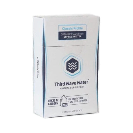 A cardboard box labeled "Third Wave Water Mineral Supplement" by Third Wave Water is crafted to optimize reverse osmosis water for coffee and tea. It makes 12 gallons and includes 12 sticks, each designed for one gallon of distilled water. The packaging also highlights the "Classic Profile," making it ideal for coffee drinking enthusiasts.