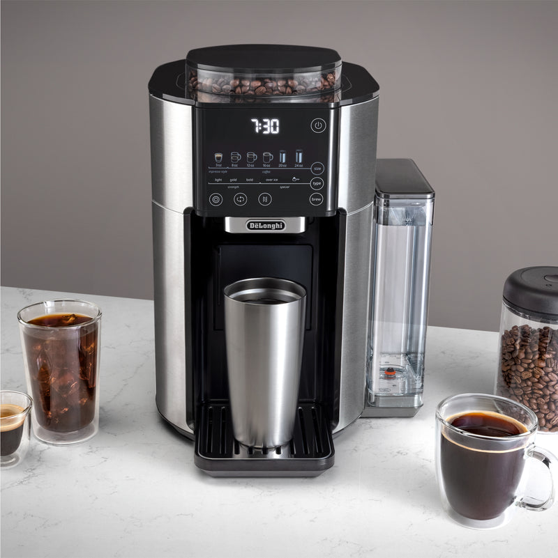 De'Longhi TrueBrew Drip Coffee Maker, Built in Grinder, Single Serve, 8 oz  to 24 oz with 40 oz Carafe, Hot or Iced Coffee, Stainless,CAM51035M