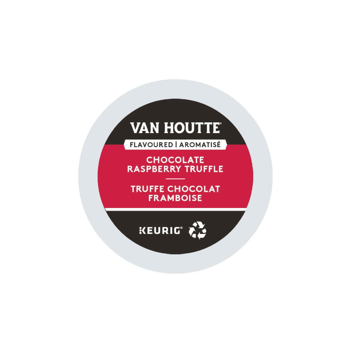 A single-serve Van Houtte Chocolate Raspberry Truffle K-Cup® Recyclable Pod featuring a white rim and a black and red label. The label reads "Van Houtte" at the top, followed by "Flavoured / Aromatisé," then "Chocolate Raspberry Truffle" in English and French. At the bottom, there is the Keurig logo alongside a recycling symbol.
