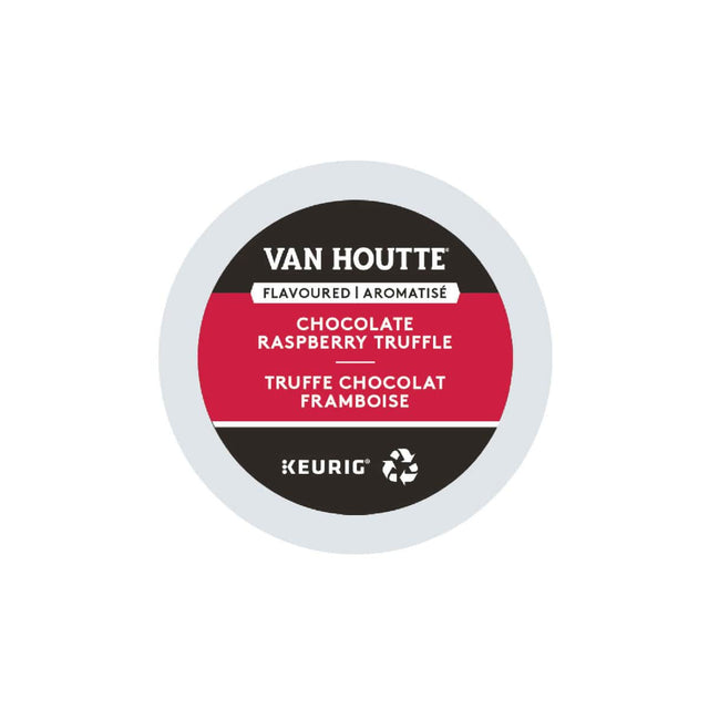 A single-serve Van Houtte Chocolate Raspberry Truffle K-Cup® Recyclable Pod featuring a white rim and a black and red label. The label reads "Van Houtte" at the top, followed by "Flavoured / Aromatisé," then "Chocolate Raspberry Truffle" in English and French. At the bottom, there is the Keurig logo alongside a recycling symbol.