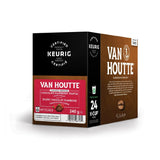 A box of Van Houtte Chocolate Raspberry Truffle K-Cup® Recyclable Pods, containing 24 pods. The packaging emphasizes the chocolate raspberry flavor and showcases an image of a truffle. This product is certified for Keurig brewers.
