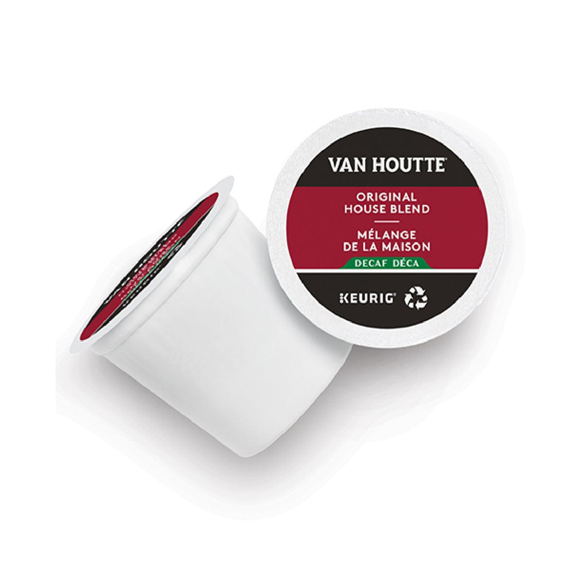 An overhead view of a Keurig K-Cup pod for Van Houtte coffee highlights the top label, which reads "Original House Blend" in English and French, and "Decaf Deca." This white pod features a partially visible top with red and black colors, representing the Van Houtte Decaf Original House Blend K-Cup® Recyclable Pod.