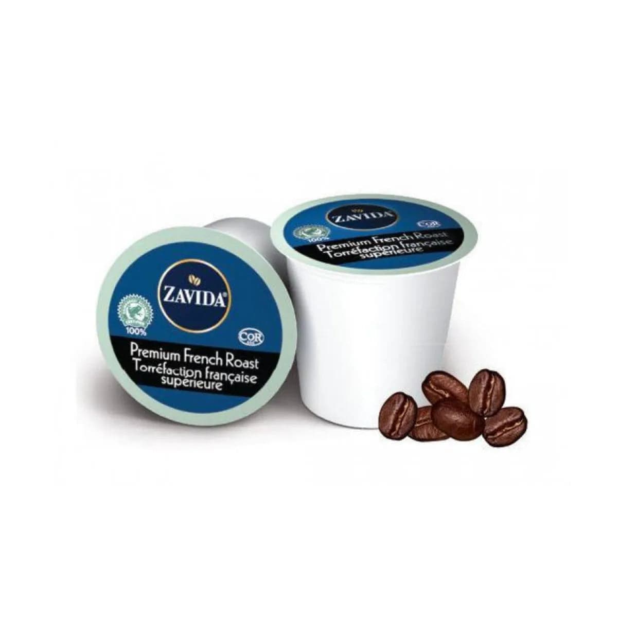 Image of two Zavida Premium French Roast Single-Serve Coffee Pods from a box of 24, one standing upright and the other lying on its side to show the label. Three whole coffee beans are placed next to the pods. The label, indicating Keurig Compatible Dark Roast Coffee, is blue with white and light blue text.