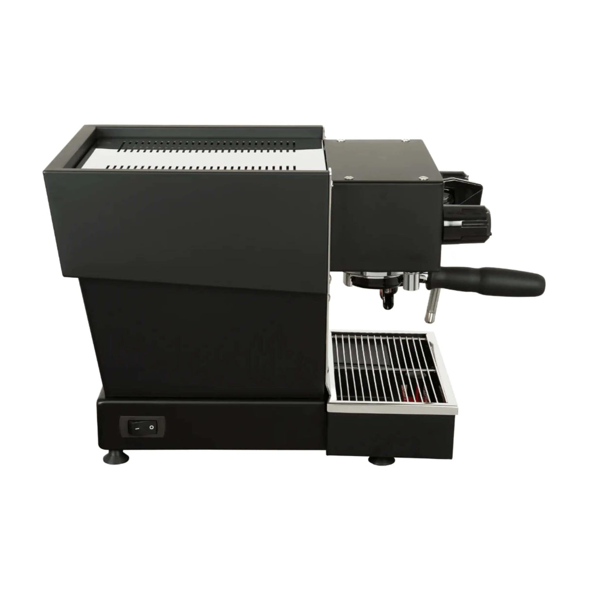 A sleek black La Marzocco Linea Micra Espresso Machine is viewed from the side. The machine features a power switch at the bottom left, a steam wand, and a portafilter handle extending to the right. The top has a grated surface for warming cups. This modern and minimalist La Marzocco espresso machine delivers café-quality drinks.