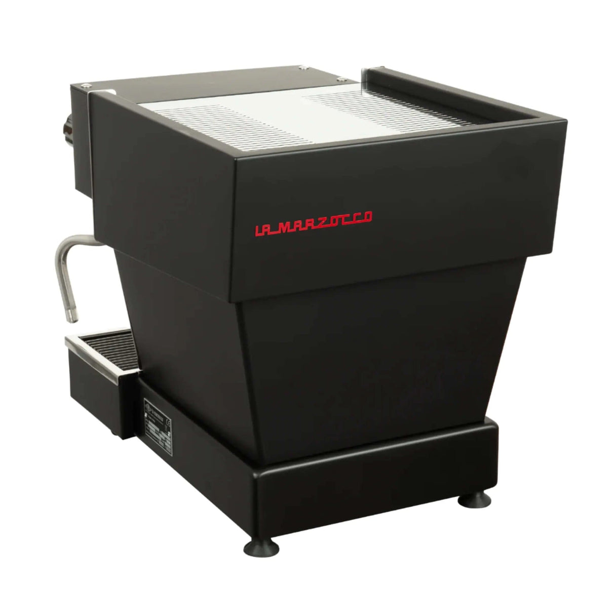 A black La Marzocco commercial coffee grinder with a rectangular top and angular body sits on a flat surface. Next to it, a sleek La Marzocco Linea Micra Espresso Machine (Black) gleams under the light. The grinder features a drip tray on one side and a metal spout for dispensing ground coffee. "La Marzocco" is prominently displayed in red letters on the front.