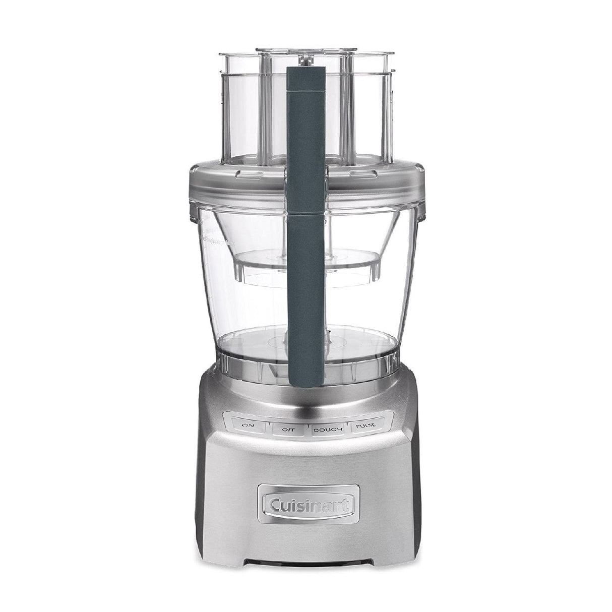 The Cuisinart® Elite Collection® 14-Cup (3.5 L) Food Processor FP-14DCNC features a modern and sleek stainless steel design with a transparent work bowl and lid. It boasts a high-performance 14-cup capacity, complete with an adjustable slicing disc. The silver base is equipped with a control panel that includes buttons labeled "On," "Off," "Dough," and "Pulse." The brand name "Cuisinart" is prominently embossed on the front.