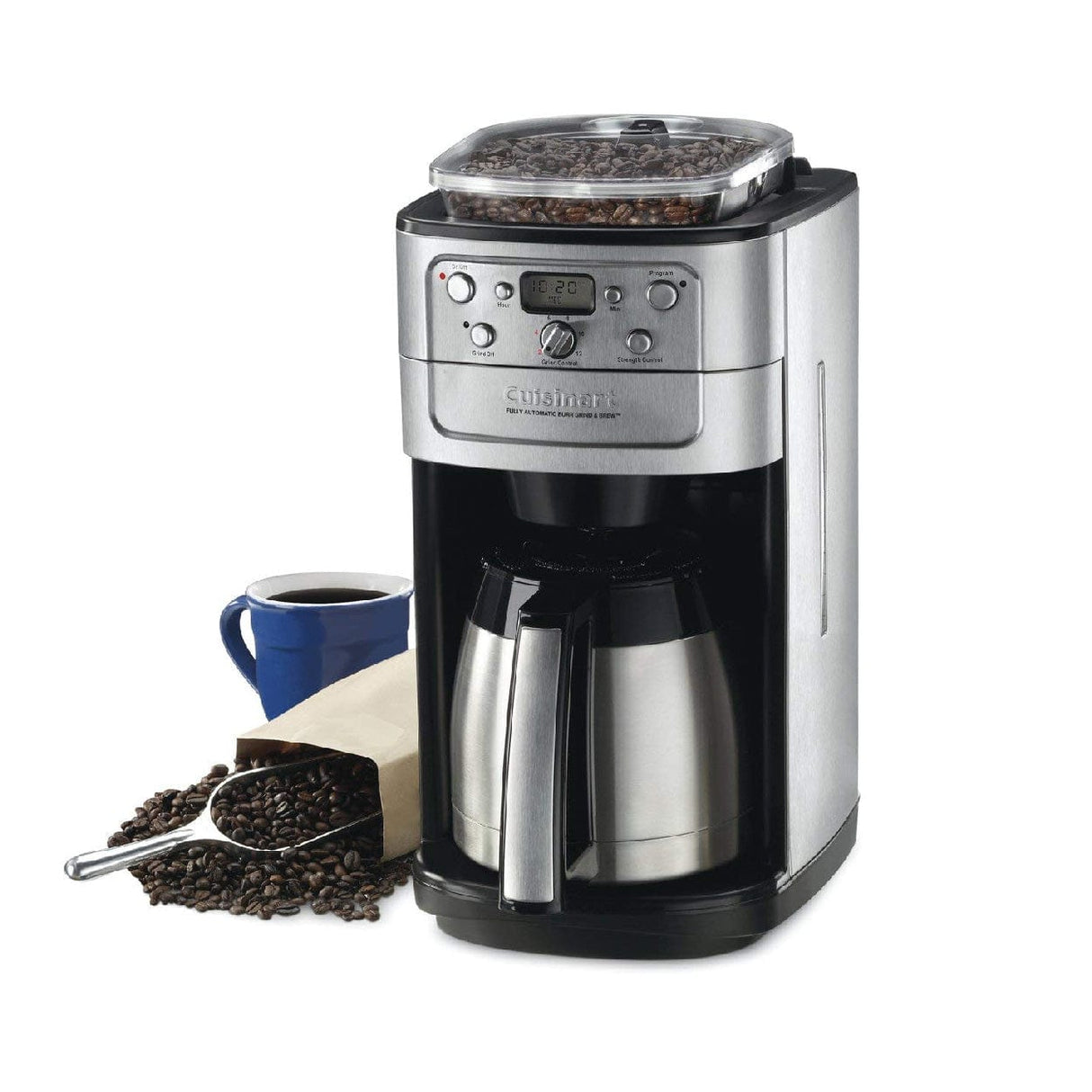 The Cuisinart® Burr Grind & Brew™ Thermal 12-Cup Automatic Coffee Maker DGB-900BC sits on a white background with a full carafe, a cup of coffee, and freshly ground coffee spilling from a bag.