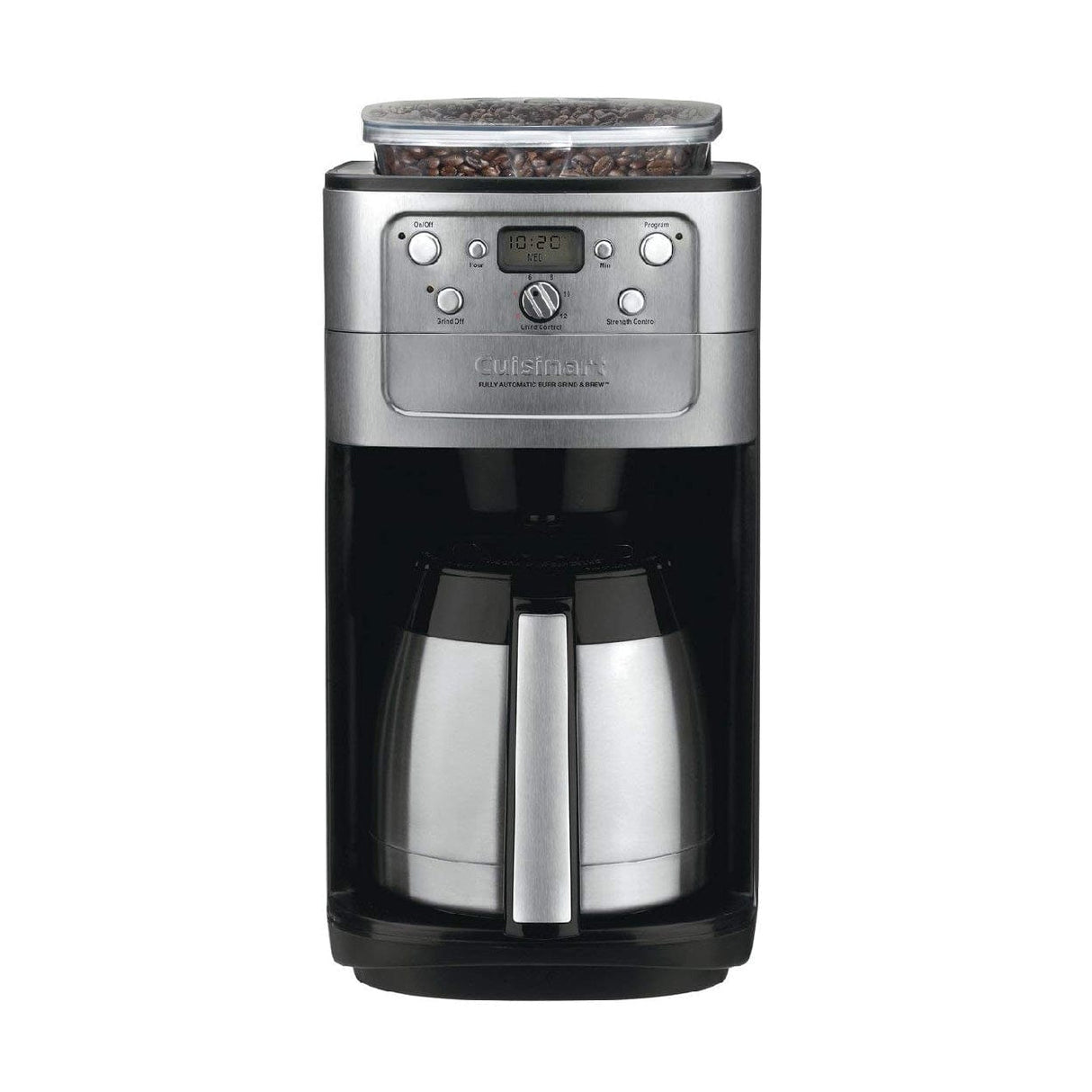 The Cuisinart® Burr Grind & Brew™ Thermal 12-Cup Automatic Coffee Maker DGB-900BC features a built-in burr grinder, digital display, easy-to-use buttons, stainless steel design, and a glass carafe for perfect coffee every time.